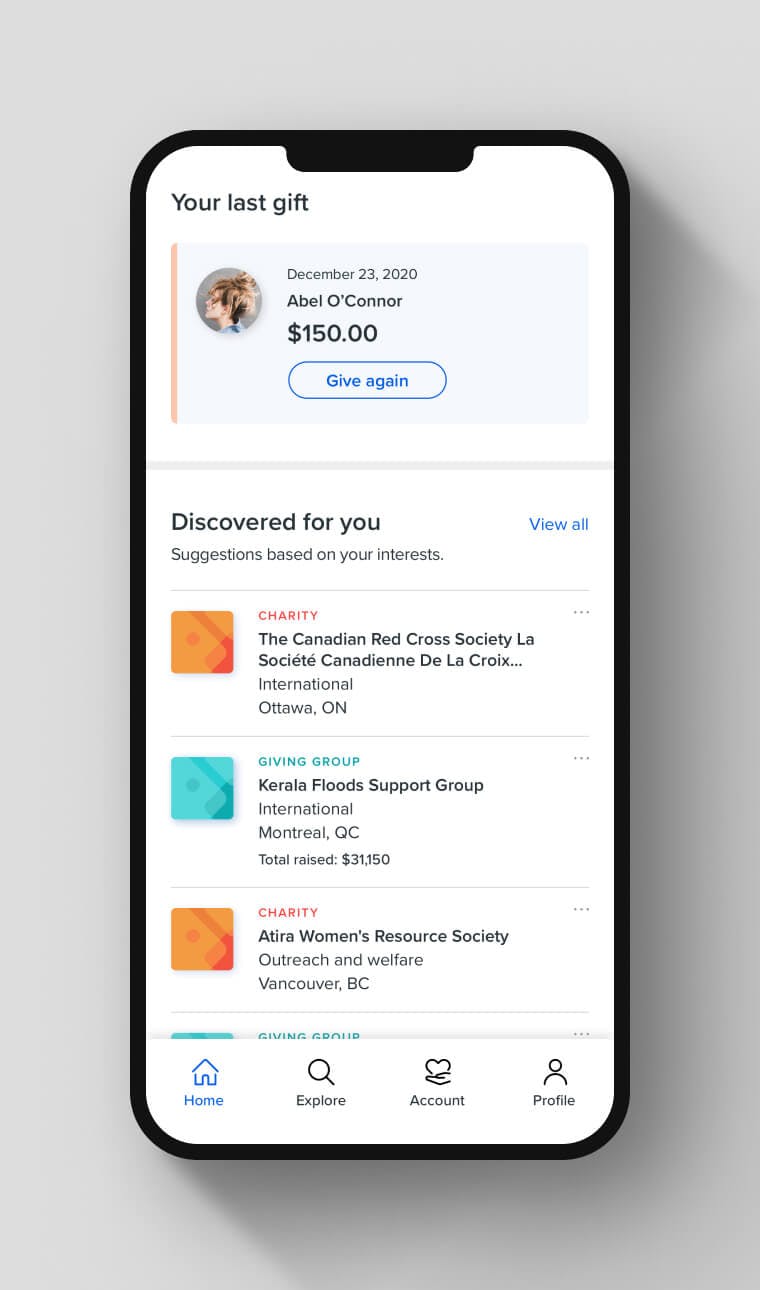 The Impact Account home screen with the last gift summary and suggestion feed in focus.