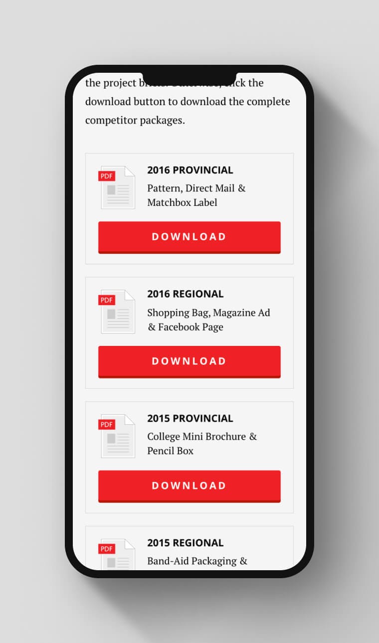 Mobile optimized preview to showcase mobile responsive design. This page showcases downloadable competitor packages which competitors can save to their mobile device.