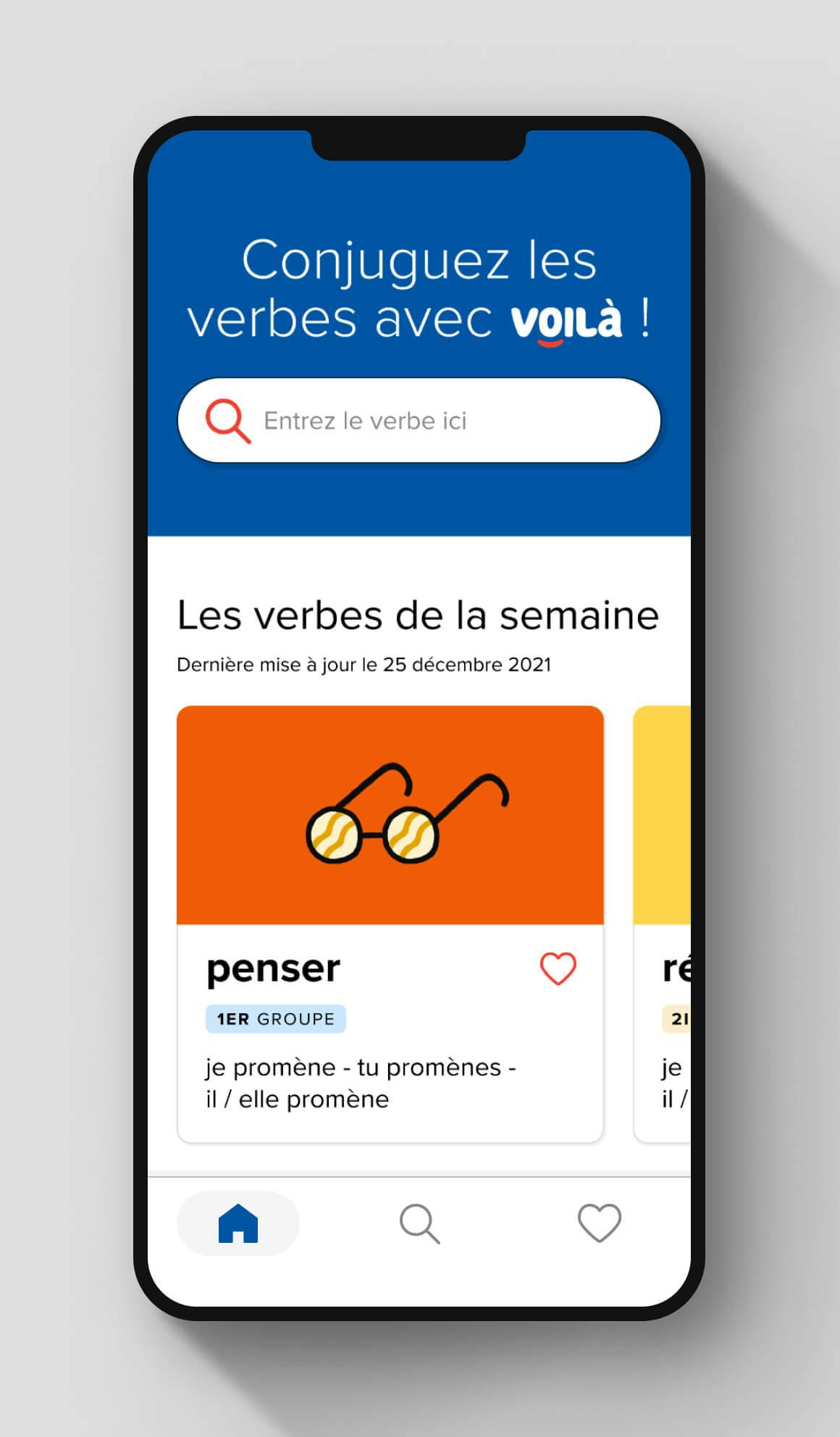 The Voilà home screen with the global search bar and a preview of the verbs of the week section. The home button is selected at the bottom of the navigation bar.