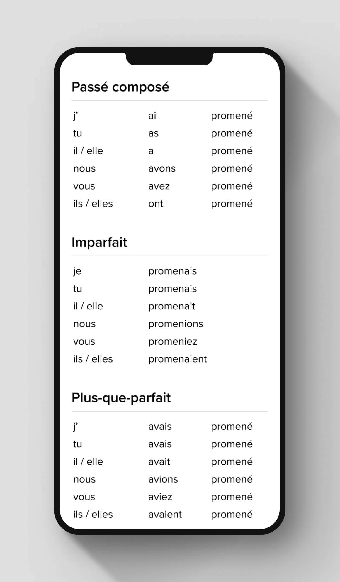 The Voilà verb page. Featured verb is to walk. Conjugations for this verb are outlined across various verb tenses.