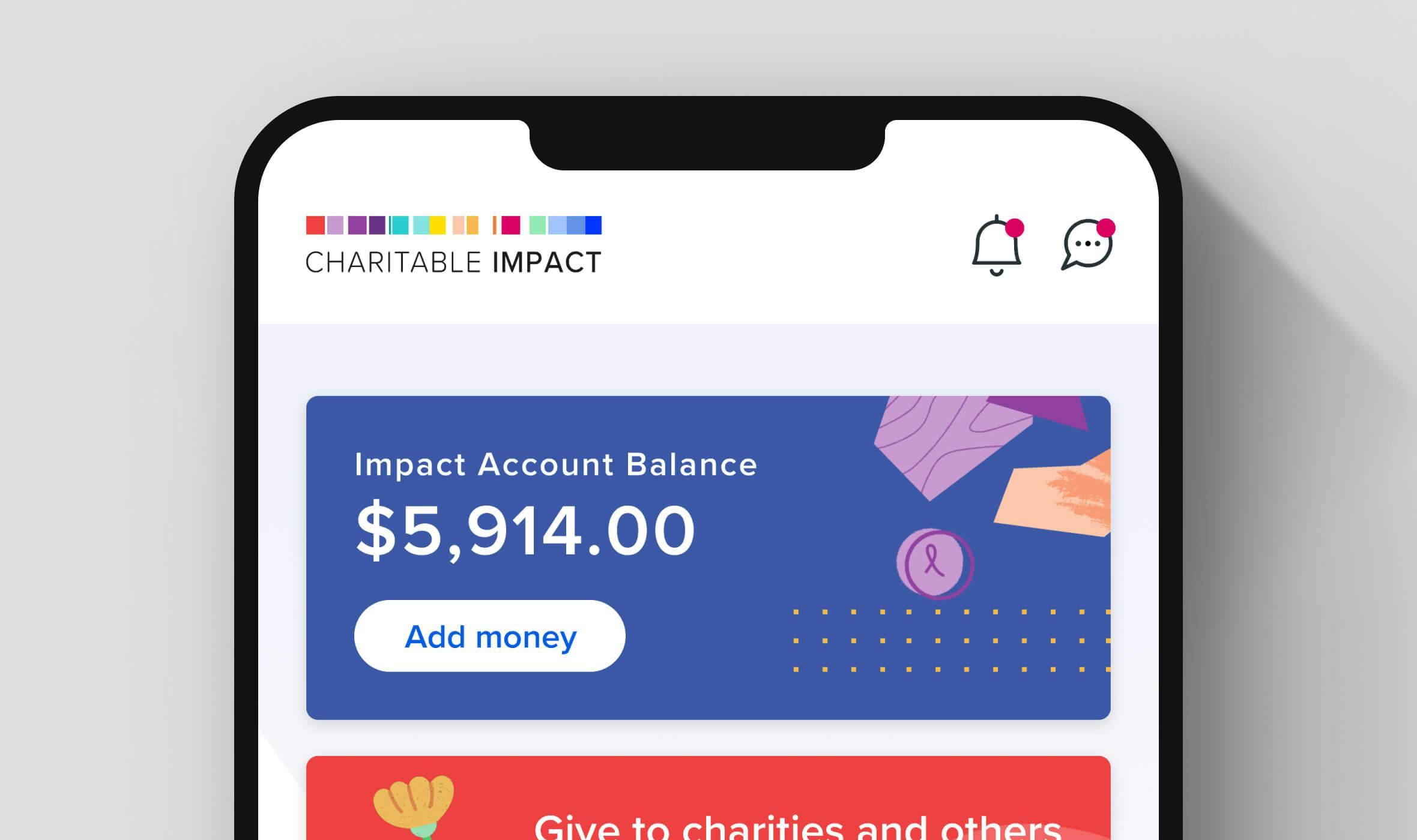 Impact Account, an online giving platform by Charitable Impact. The Impact Account home screen with the balance amount is shown on a mobile device.