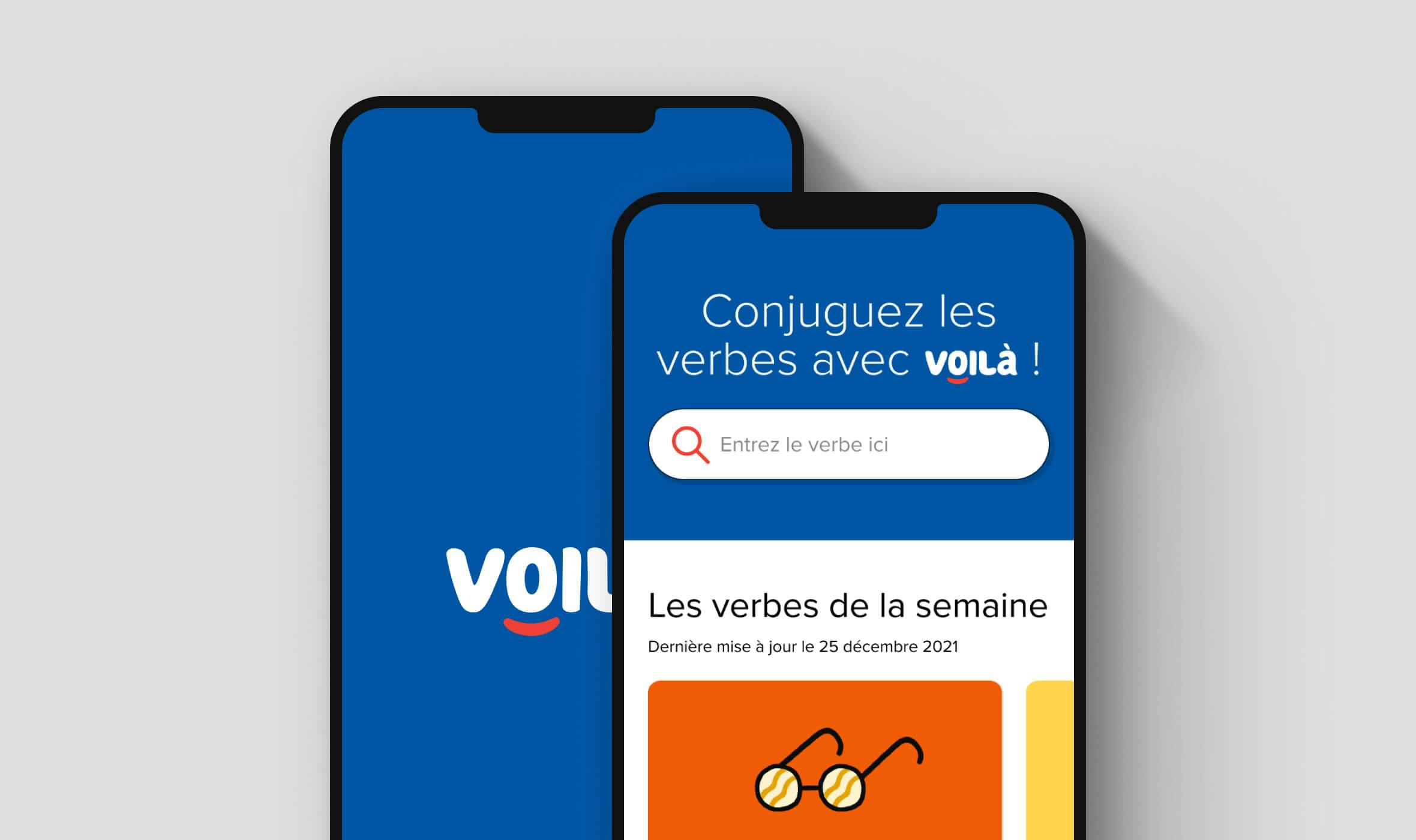 Voilà, a conceptual mobile app for students and enthusiasts of the French language. Two devices shown; one with the loading screen, the other with the main screen of the landing page.